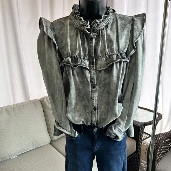 Isabel Etoile Marant Tie Dye Acid Wash Print Mock Neck Button up top - Picture 6 of 13